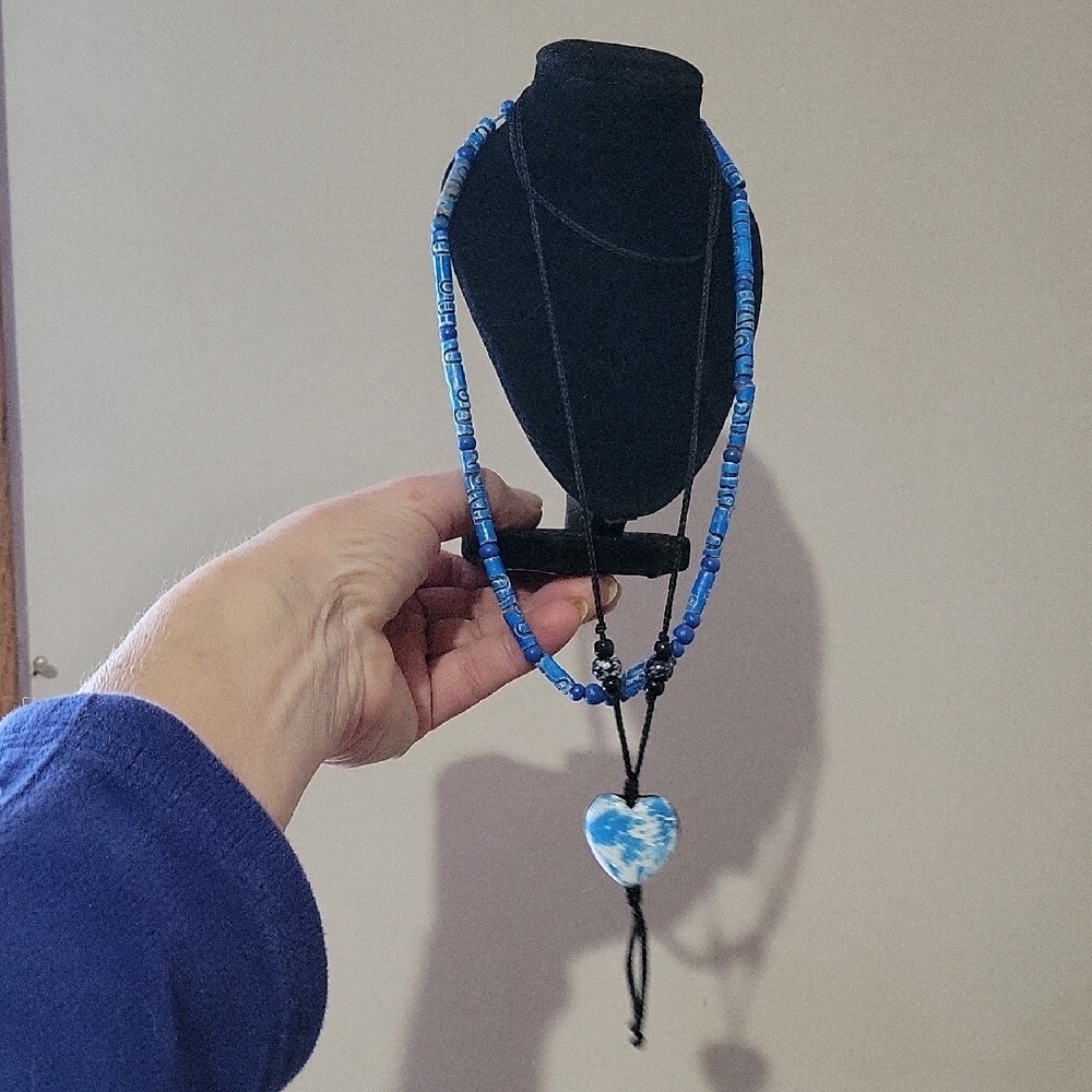 Blue Heart Pendant Necklace~ Vintage Carved Wood Necklace